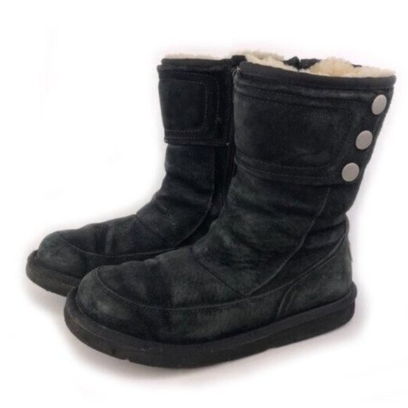 UGG Kentt Black Leather Sheepskin Winter Boots 7 - Picture 3 of 11